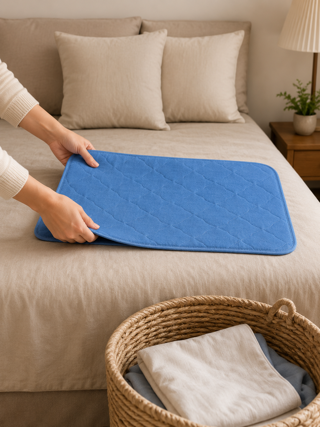 Hands smoothing a washable care pad across a made bed