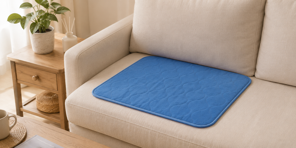 Washable care pad arranged on a home sofa