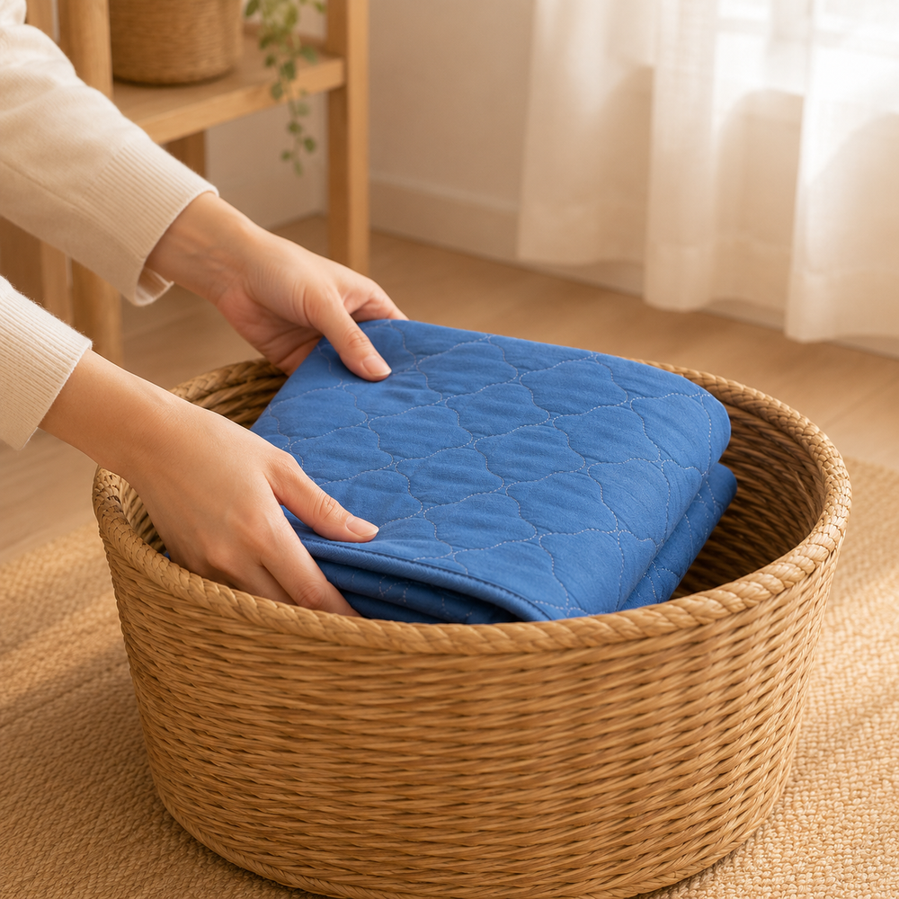 Hands placing a washable care pad into a laundry basket